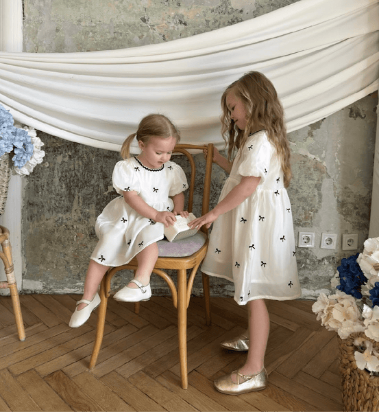 Kids girls French Luxe Bow Puff Dress - Black/ivory (pre order)