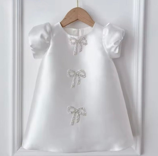 Kids girls Sparkle Bow Luxe Satin Dress - White