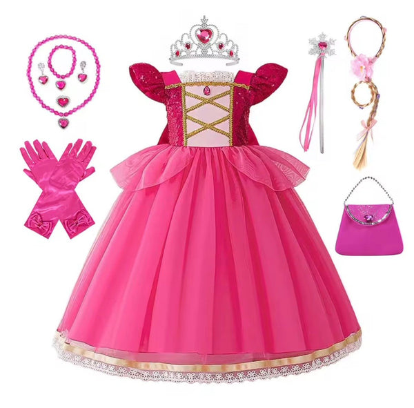 Original Pink Aurora Princess Party Dress Costume & Jewellery Set