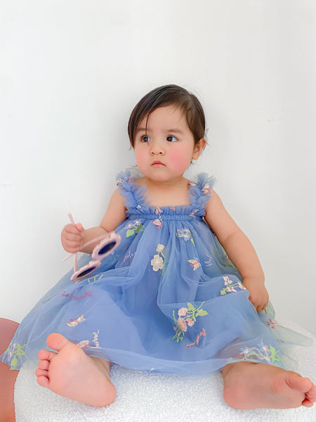 1st Birthday Arabella Garden Floral Tulle Birthday Dress - blue