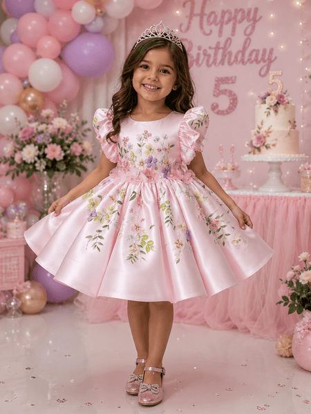 Pretty Floral Little Girls Luxe Dress - Baby Pink