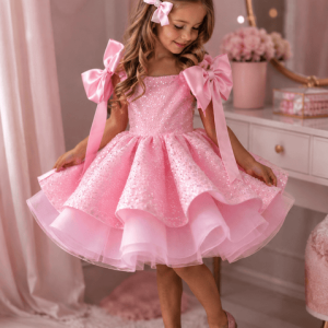 Little Girls Pink Sparkle Bow Luxe Princess Tulle Dress
