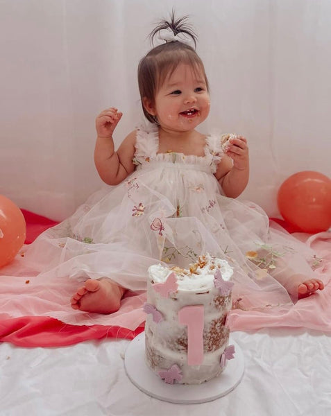 1st Birthday Arabella Garden Floral Tulle Birthday Dress - White