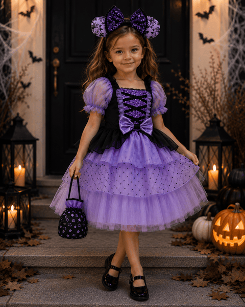Witch Halloween Dress Costume, Headband & Bag - Purple