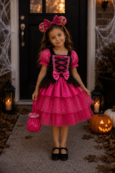 Witch Halloween Dress Costume, Headband & Bag - Pink