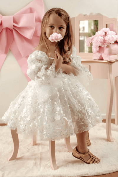 Flowergirl Sparkle Wonderland Long Sleeve Luxe Tulle Dress - White