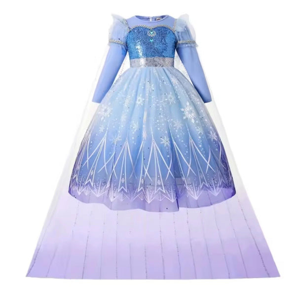 Snowflake Elsa Long sleeve Princess Dress Costume with cape