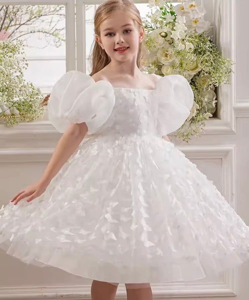 Bella Butterfly Flower Girl Kids Puff Sleeve Luxe Party Dress - White