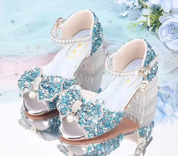Blue Little Girls High Heel Princess Birthday Girl Shoes
