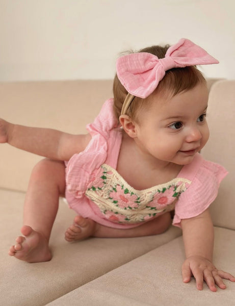Pink Flower Crocheted Romper & Bow