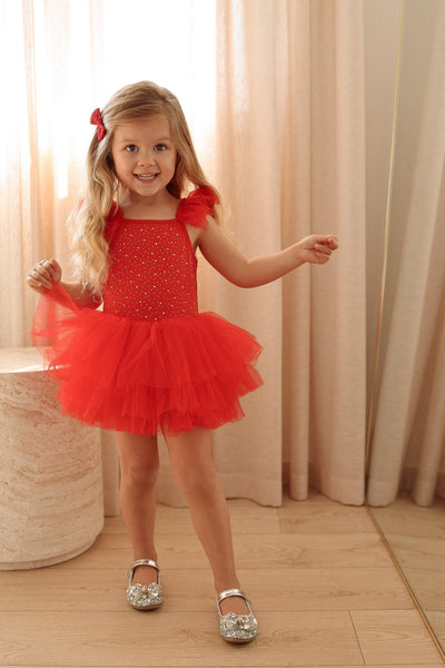 Luxe Ballerina Christmas Sparkle Tulle Tutu Leotard - Red