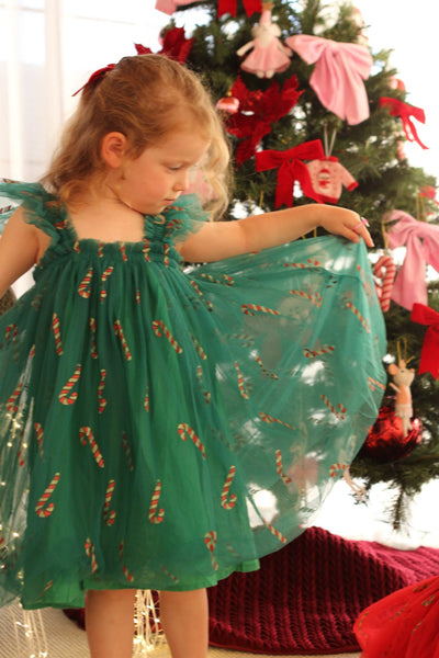 Candy Cane Christmas Little Girls Tulle Dress - Green