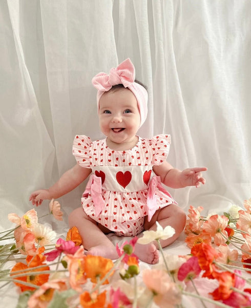 Pink Heart Big Bow Romper - Pink