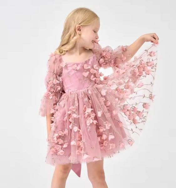 Flowergirl Sparkle Wonderland Long Sleeve Luxe Tulle Dress - Dusty Rose