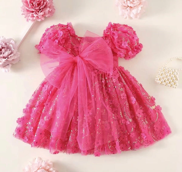 Kids girls Tea Party Sparkle Tulle Dress - Bright Pink