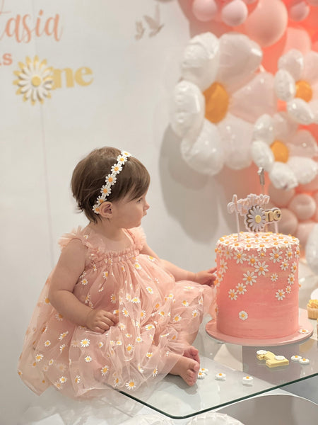 1st Birthday Kids little girl Arabella Daisy Tulle Dress -Pink/Yellow