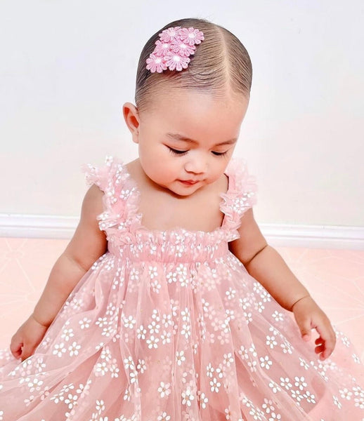 1st Birthday Kids little girls Arabella Daisy Tulle Dress - Baby Pink